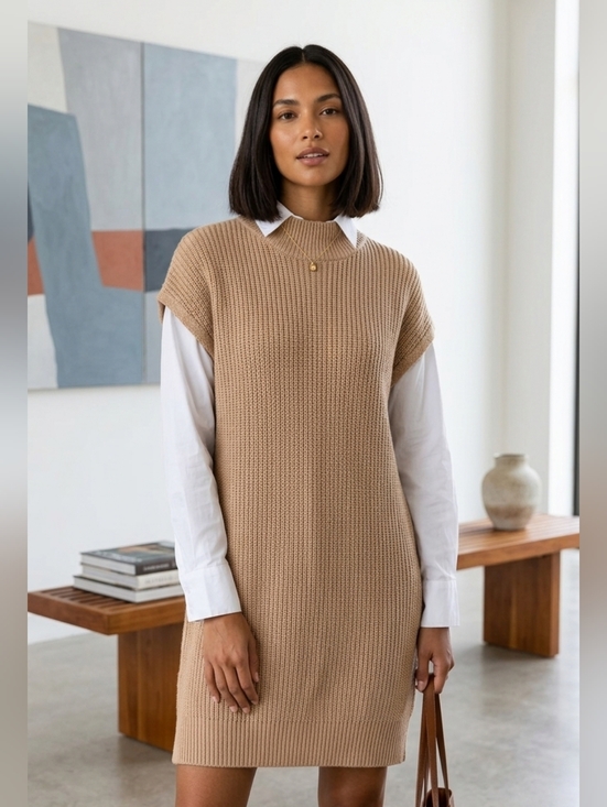 Tahari Dresses & Skirts - Tahari Mock White Shirt Layered Taupe Sweater Dress Taupe Size Extra Large NWOT
